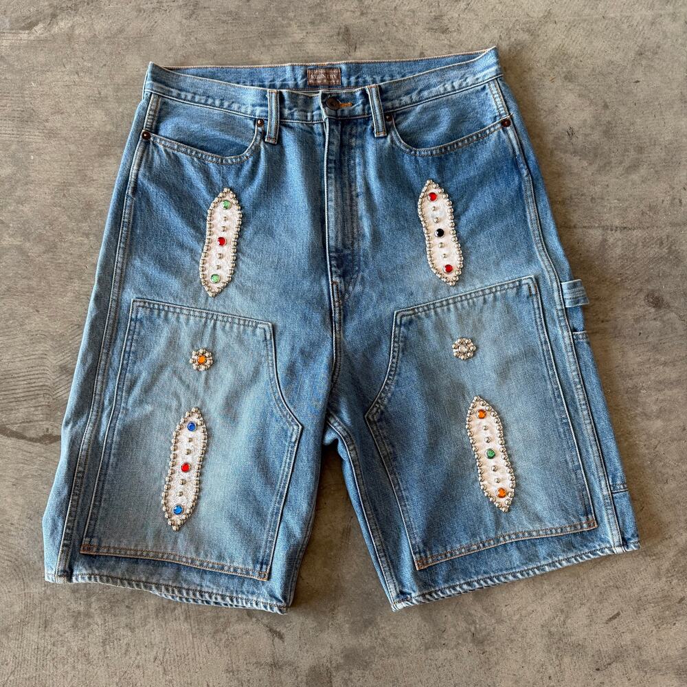 Kapital Kountry Mens Blue Studded Jewel Patch Denim Carpenter Shorts Size 36